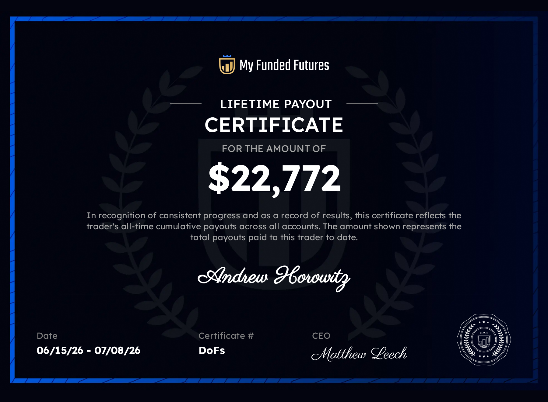 My Funded Futures lifetime payout certificate for $22,772